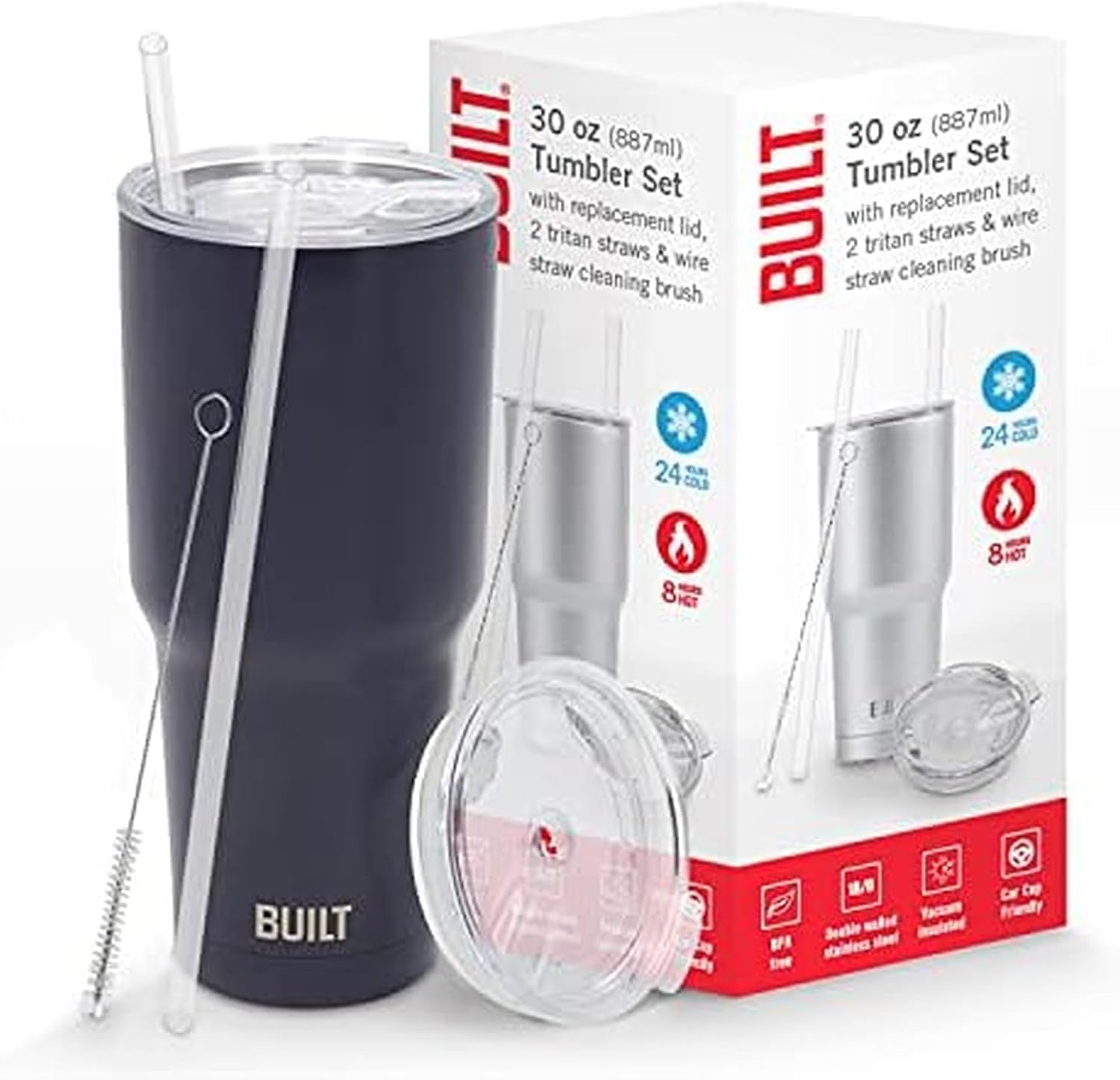BUILT Double Walled Stainless Steel Tumbler Set with Replacement Lid, 2 Reusable Tritan Wire Straw Cleaning Brush in Gift Box, 30 Ounce, Inkwell