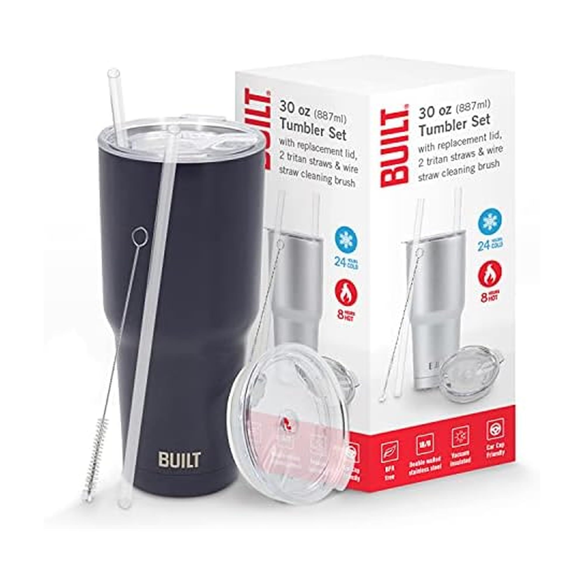 Double Walled Stainless Steel Tumbler Set with Replacement Lid, 2 Reusable Tritan Wire Straw Cleaning Brush in Gift Box, 30 Ounce, Inkwell