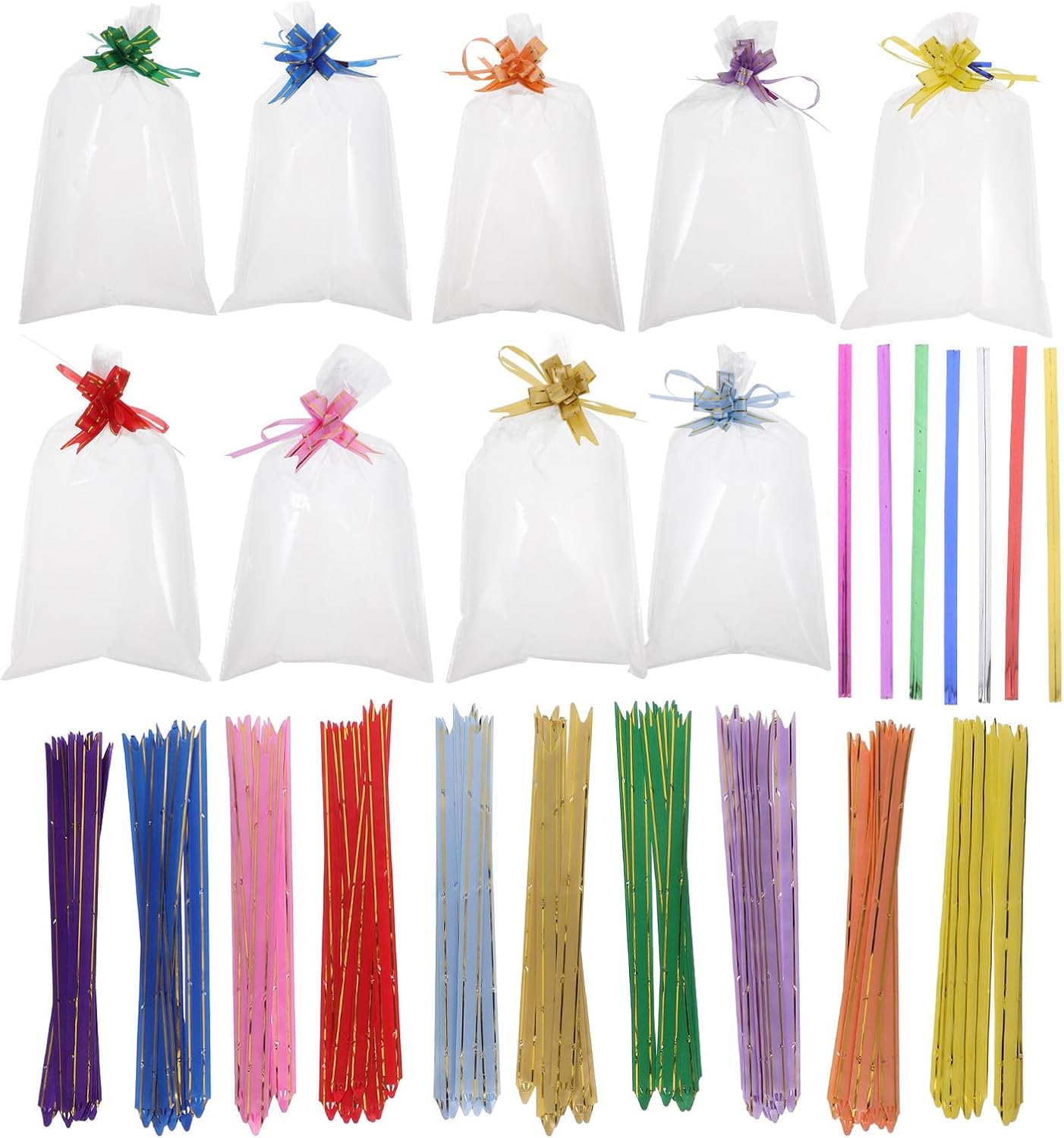 FINISPERSOO 400pcs Cellophane Cookie Bags 15x25cm with Pull Bows and Metallic Twist Ties for Party Treats Wrapping and Snack Packaging