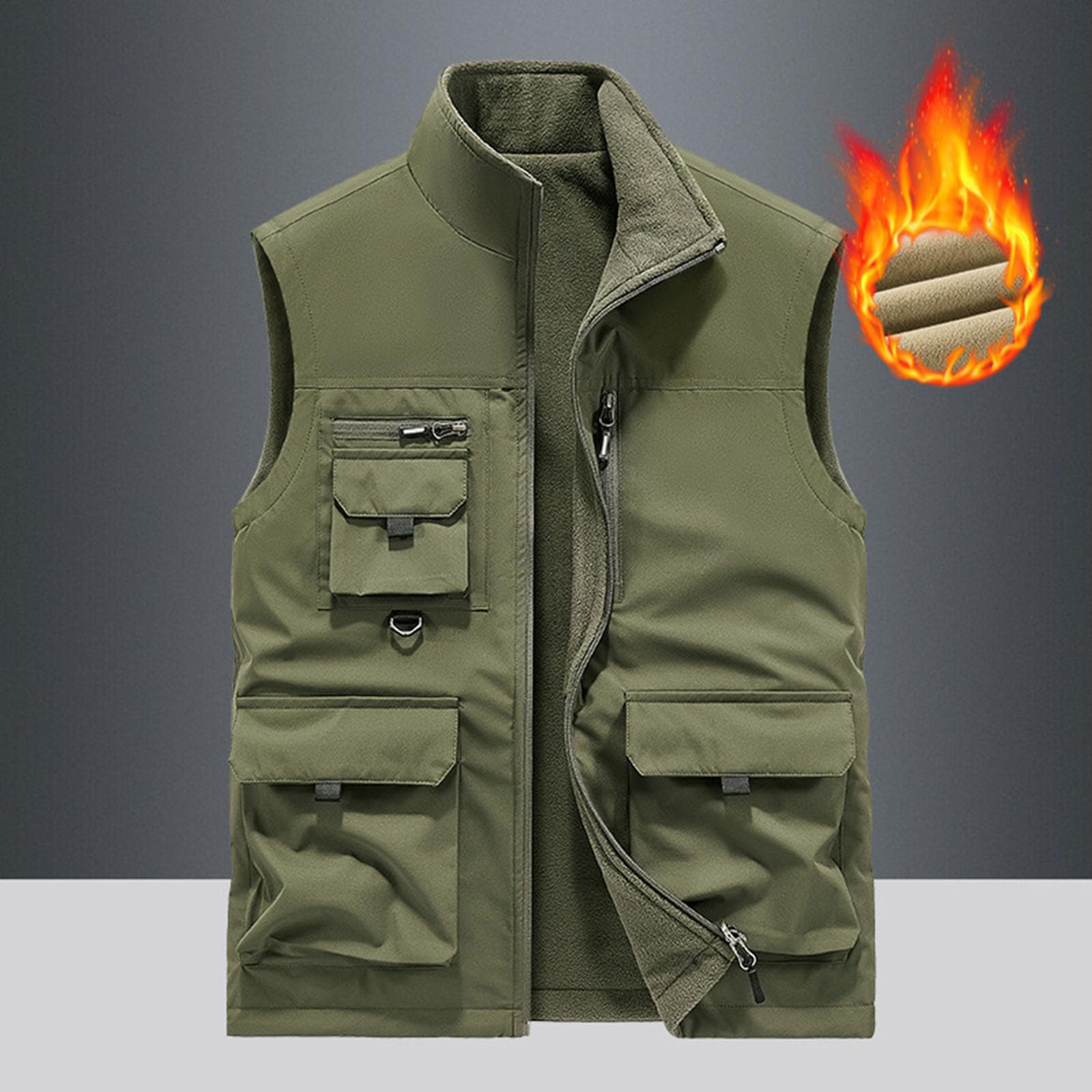 Generisch Gilet d'hiver doublé pour homme - Gilet d'extérieur chaud en polaire avec plusieurs poches - Doublure polaire - Col montant - Veste sans manches - Couleur unie - Gilet de loisirs épais