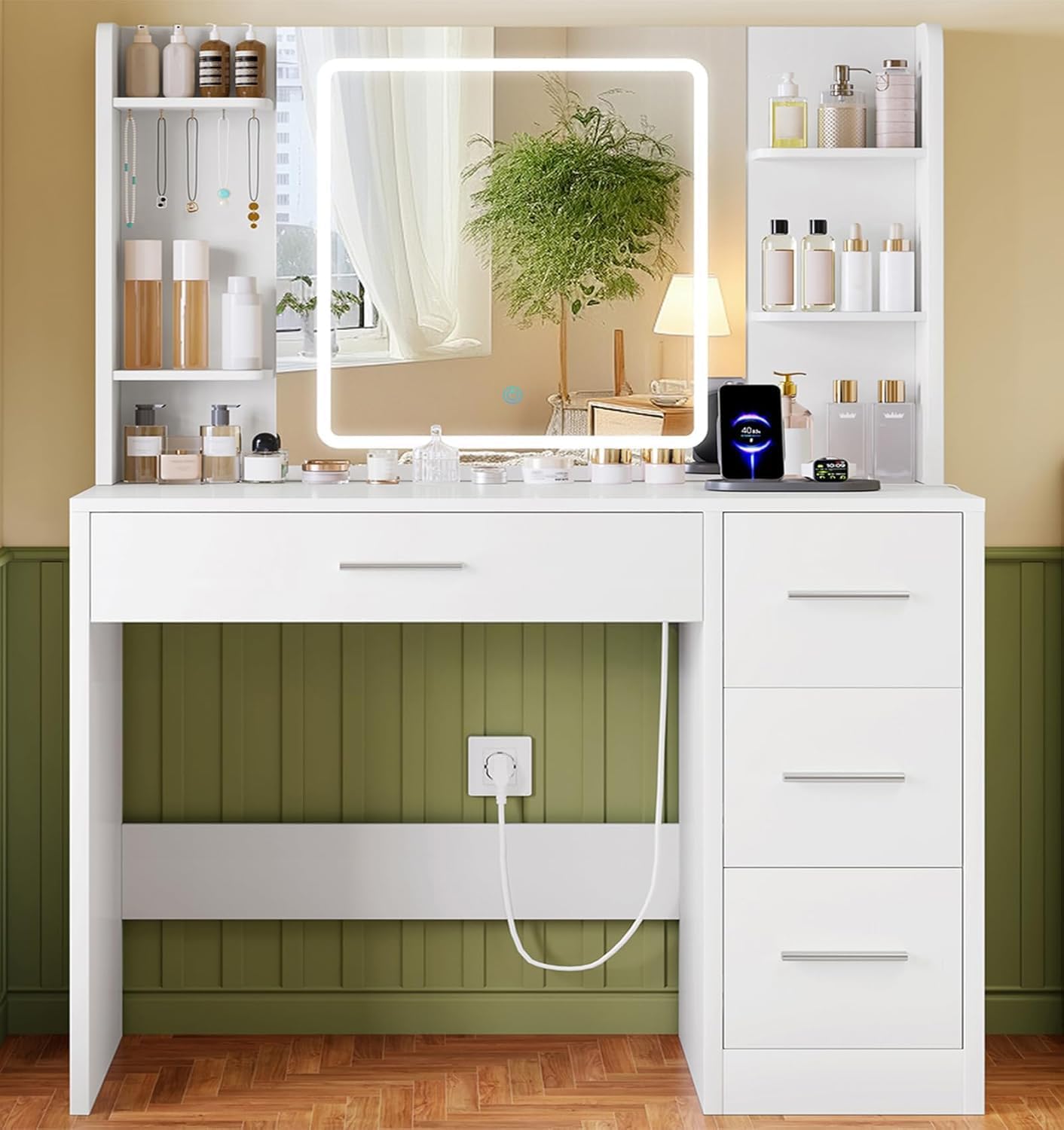 Tocador con espejo e iluminación, toma de corriente, tocador con 4 cajones, 4 estantes abiertos y 5 ganchos para joyas para el dormitorio, blanco_voghion.com