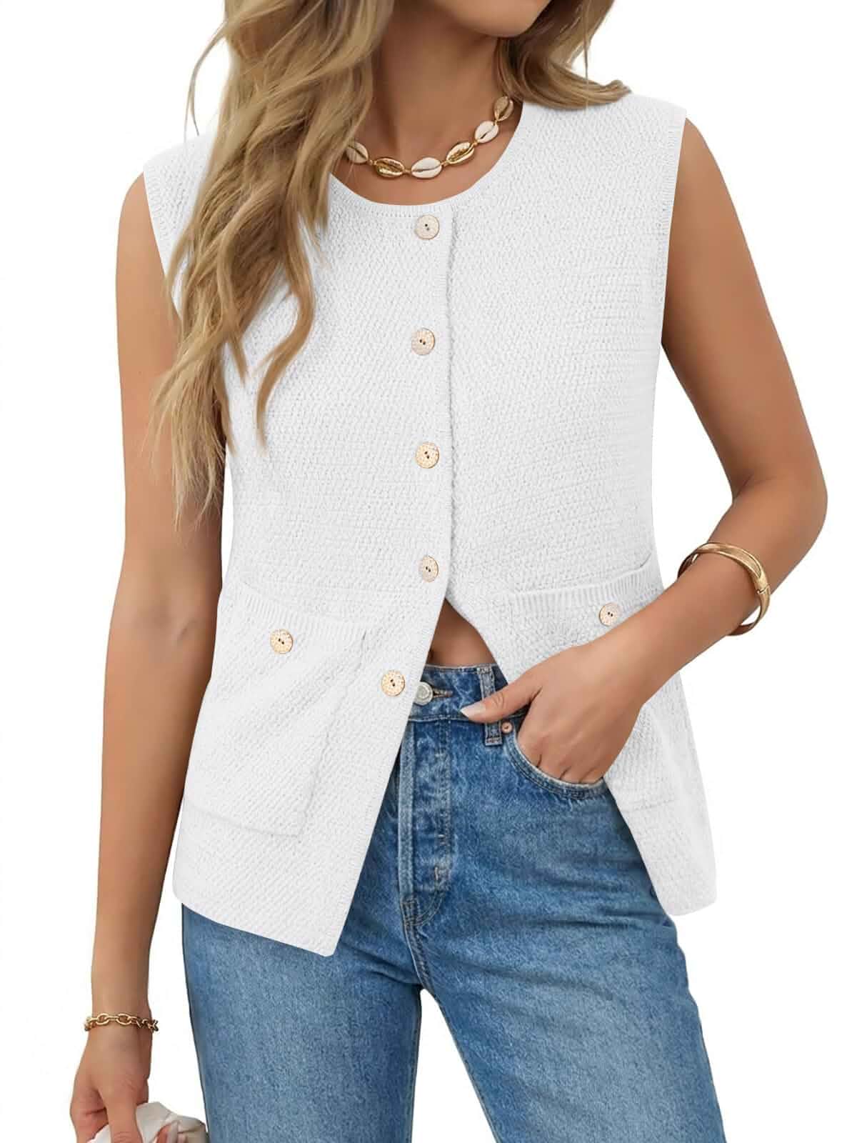 Yousify Womens Sweater Vest Sleeveless Button Down Round Neck Knitted Tank Tops Casual Cardigan with Pockets Sleeveless