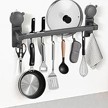 Kitchen Tool Hooks, Wall Mounted, Adhesive, Suction Cups, Strong Aluminum, Movable Hooks, 6 Hooks, Kitchen Utensil Storage, Wall Hanging Hooks, No Drilling Required (Gray, 15.7 inches (40 cm) (6 Hooks