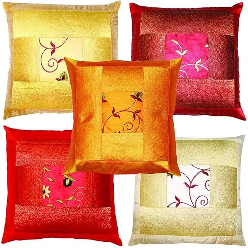 A1Sonic Quality for less Decorative Silk Cushion Covers, Indian Ethnic Embroidered, 40 x 40 cm, Set of 5, Red Orange Gold