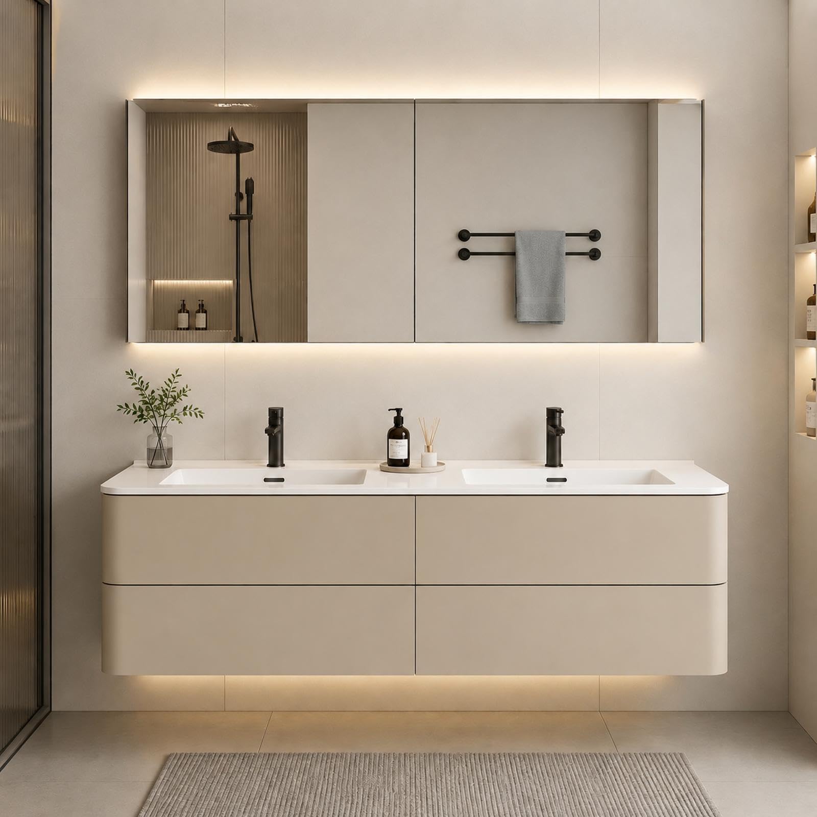 92 in Floating Bathroom Vanity with Double Sinks - Modern Wall-Mount Solid Wood Vanity Cabinet with Intelligent Anti-Fog Mirror &amp; Seamless Stone Sink | Pre-Assembled &amp; Customizable