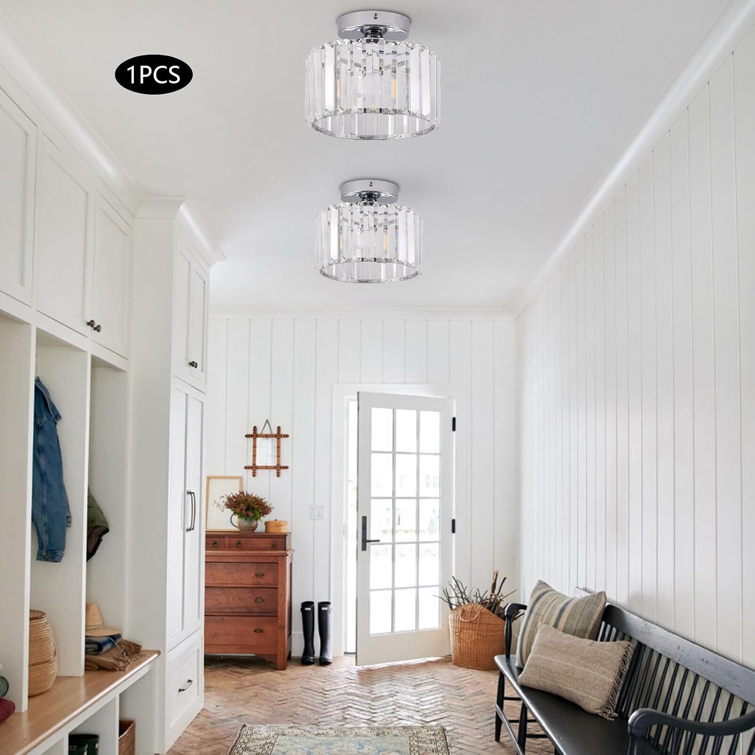 8.26in Modern Crystal Ceiling Light Flush Mount Chandelier Ceiling Lamp 60W 110V Silver for Kitchens, Hallways, Living Rooms, Bedrooms, Bathrooms, Balconies, Bars