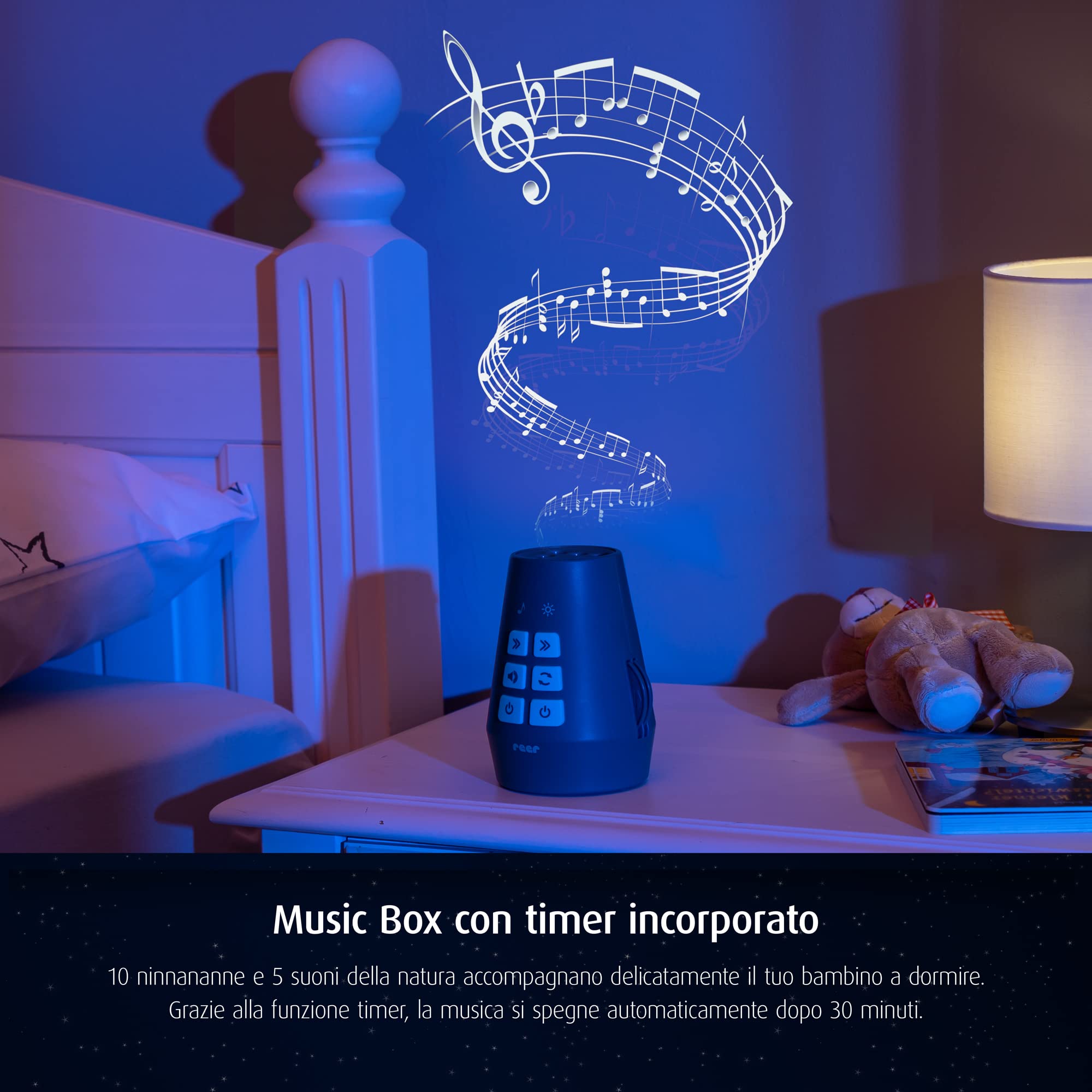 reer DreamBeam - Luce notturna con 24 immagini diverse, crea paesaggi da sogno su soffitto e parete, colore: Bianco