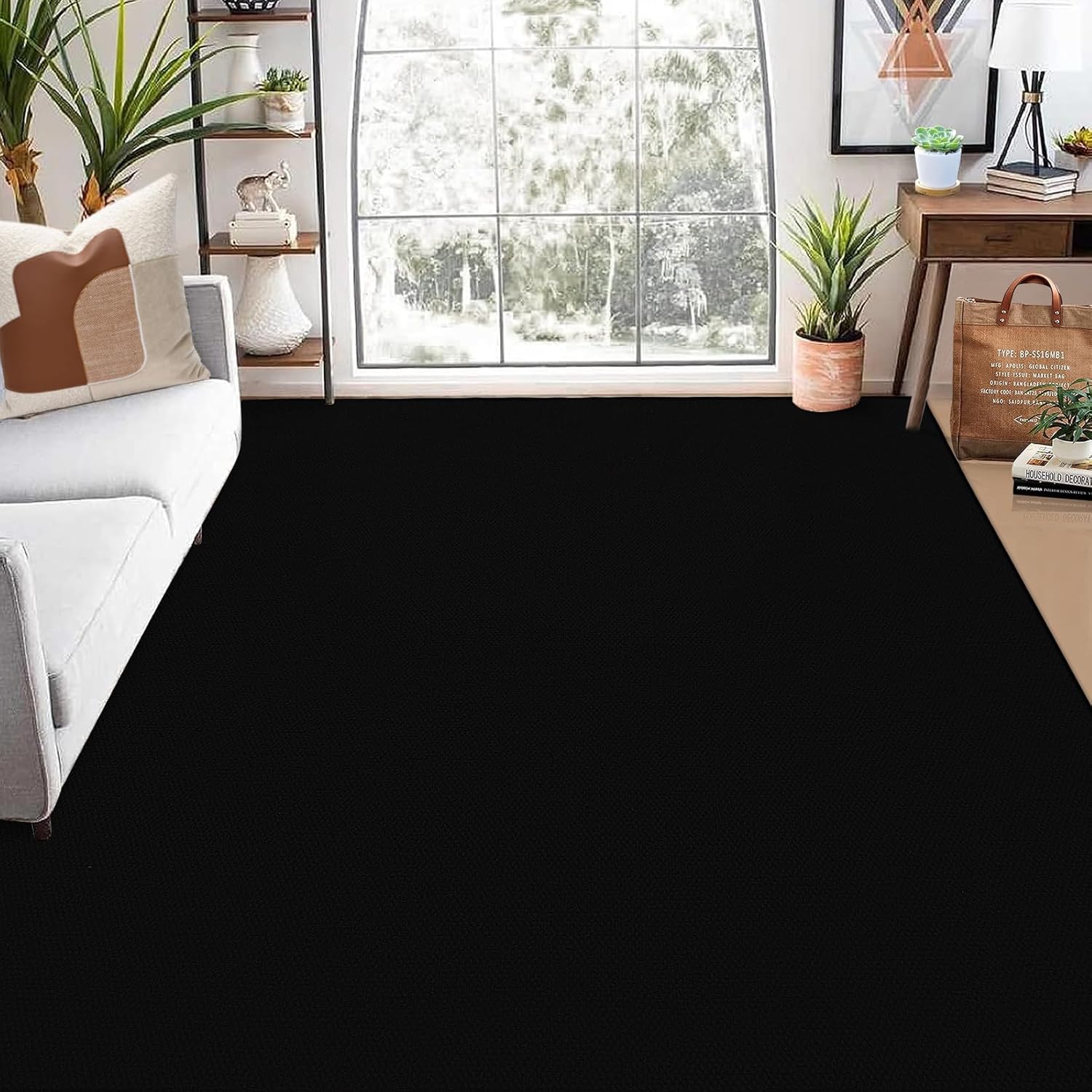 Washable Rug 9x12 Large Area Rug Modern Solid Textured Living Room Rug Anti-Slip Bedroom Rugs Indoor Soft Woven Carpet Low Pile Non-Shedding Farmhouse Rugs Floor Carpet for Nursery Dorm Black
