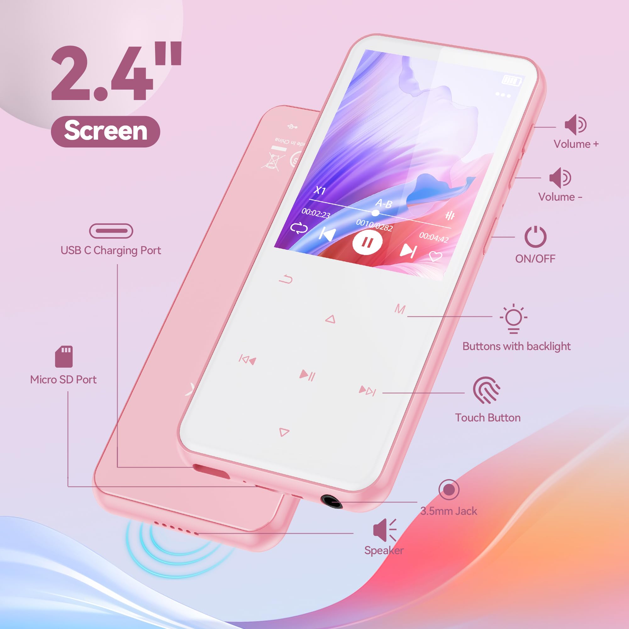 AGPTEK Pink MP3 Player with Bluetooth 5.3, 64GB Internal Memory Expandable up to 128GB - Image 3