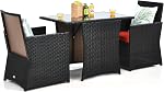 KOTEK 3 Ensemble de repas extérieur en pièce, PE Table à manger en rotin & Chaises avec plateau en verre trempé & Coussins, Ensemble de Conversation en Wicker, Set de Bistro de Patio pour Porc de jardin (Rouge)