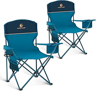 ALPHA ALPHA CAMP Camping Chair 2 Pack Portable Chair with 3-Can Cooler Folding Chair with Side Pocket and Cup Holder, Collapsible for Camping, Tailgates, Beach, Fishing and Sports,2PC