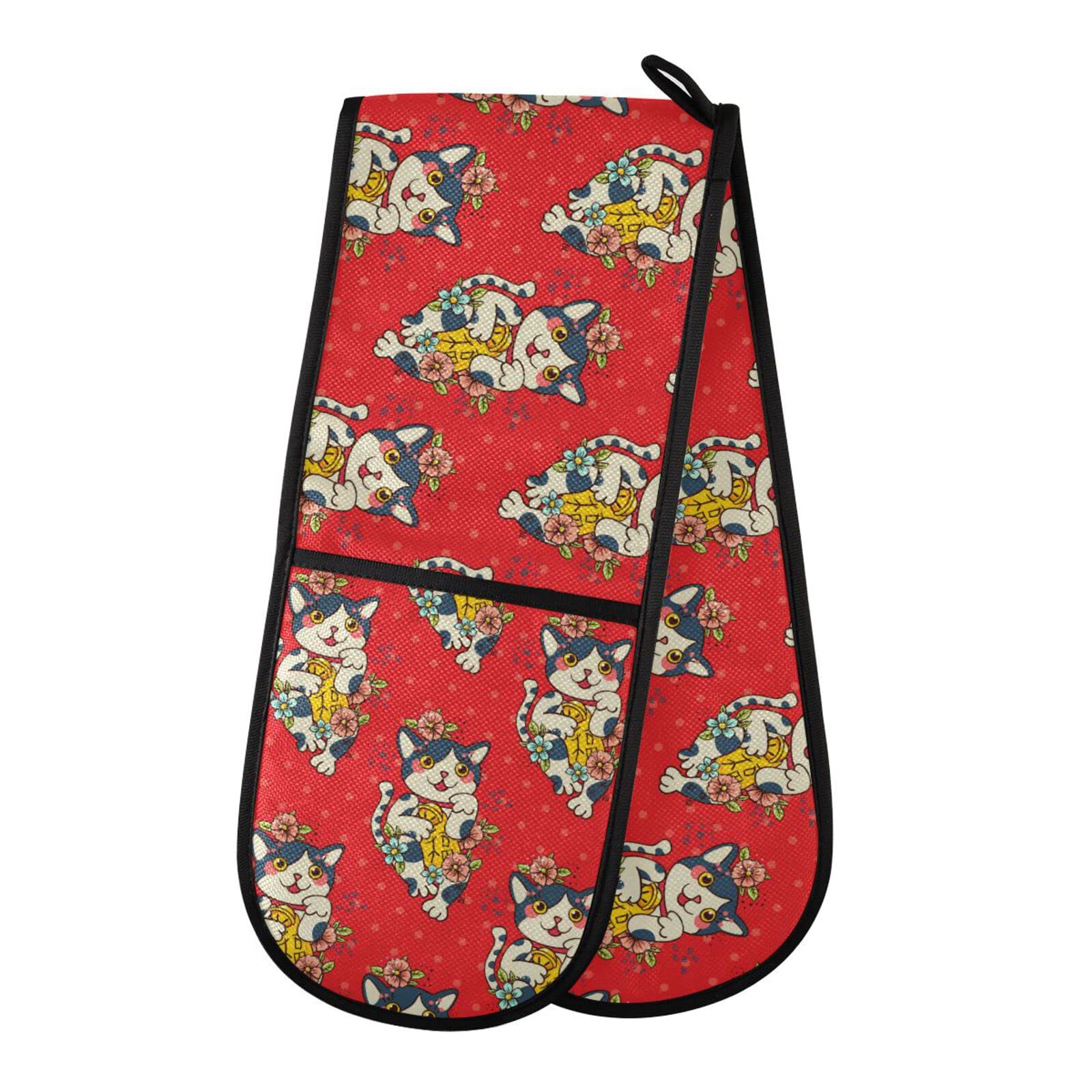Double Oven Glove Japanese Cat Heat Resistant Double Ovens Mitt Modern Cooking Gloves Potholders
