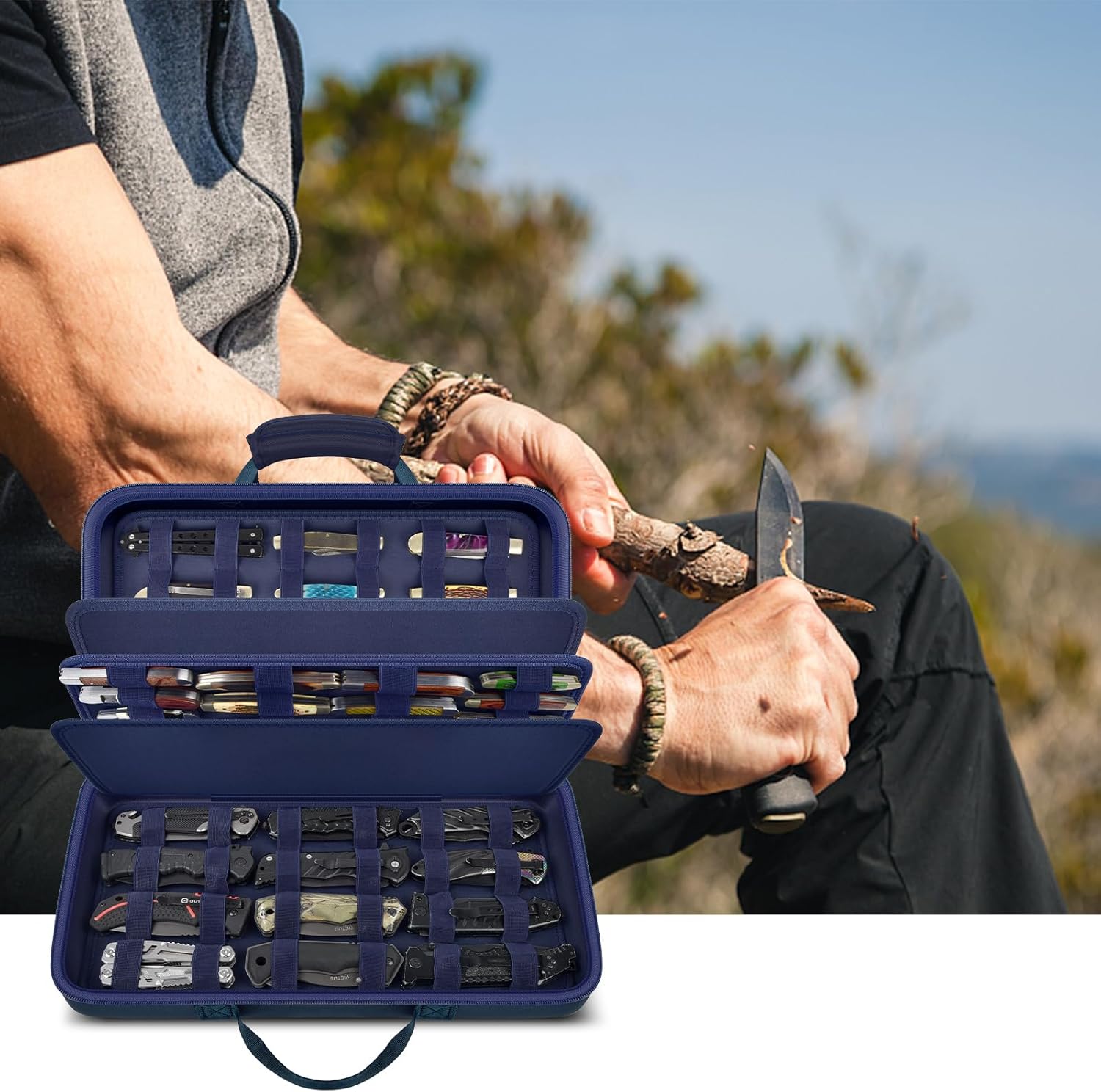 casmilee Knife Display Case for 64+ Pocket Knives, Folding Knives Cases for Collections, Butterfly Knife Storage Bag Holder Roll Organizer for Survival, Tactical, Outdoor, Kitchen, EDC Mini (Blue)