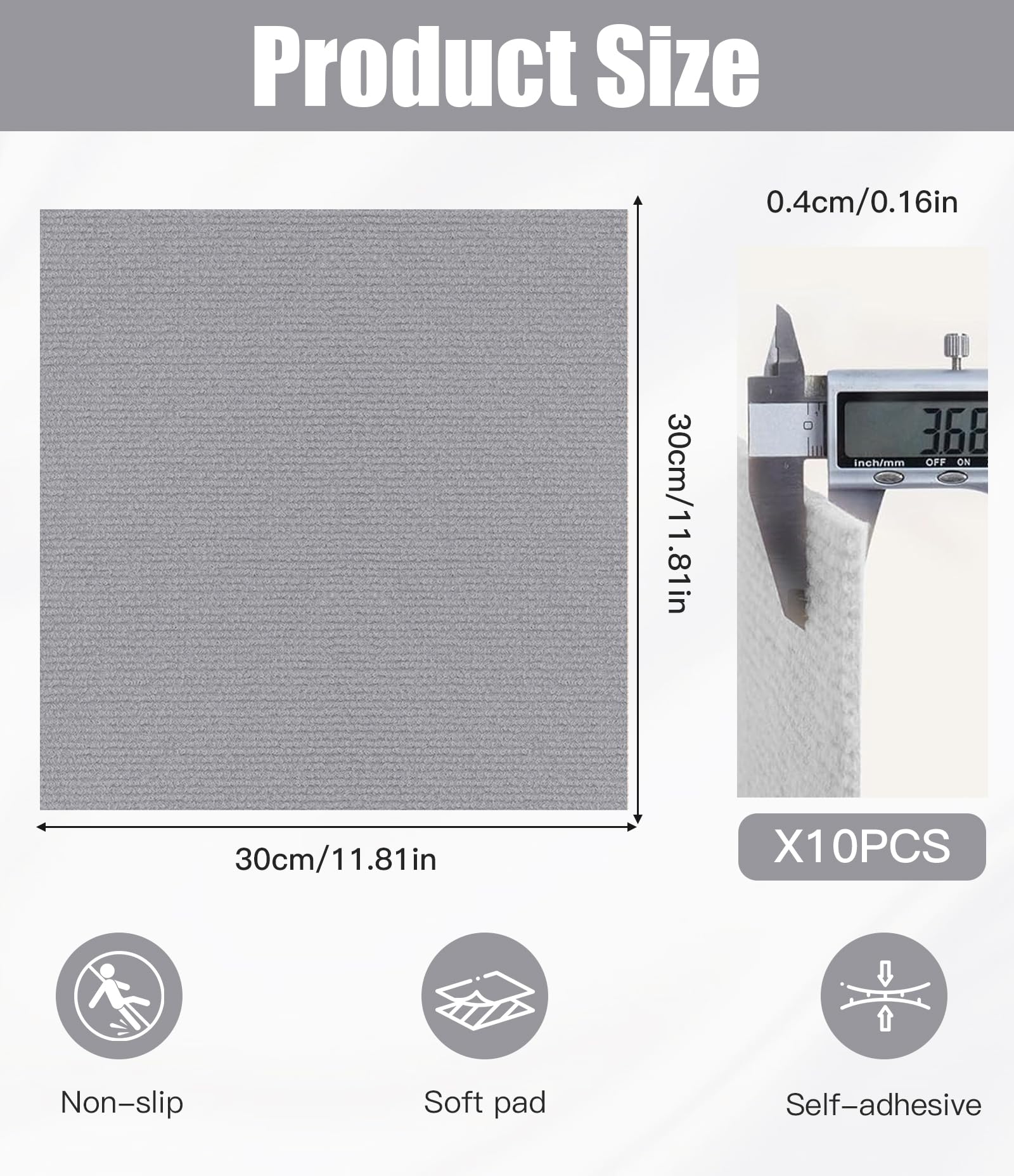 Azulejos de alfombra autoadhesivos, 30 x 30 cm, juego de 10 unidades, 0,9 m², alfombra con respaldo, autoadhesiva, alfombra resistente para el hogar, oficina, comercio, gris claro