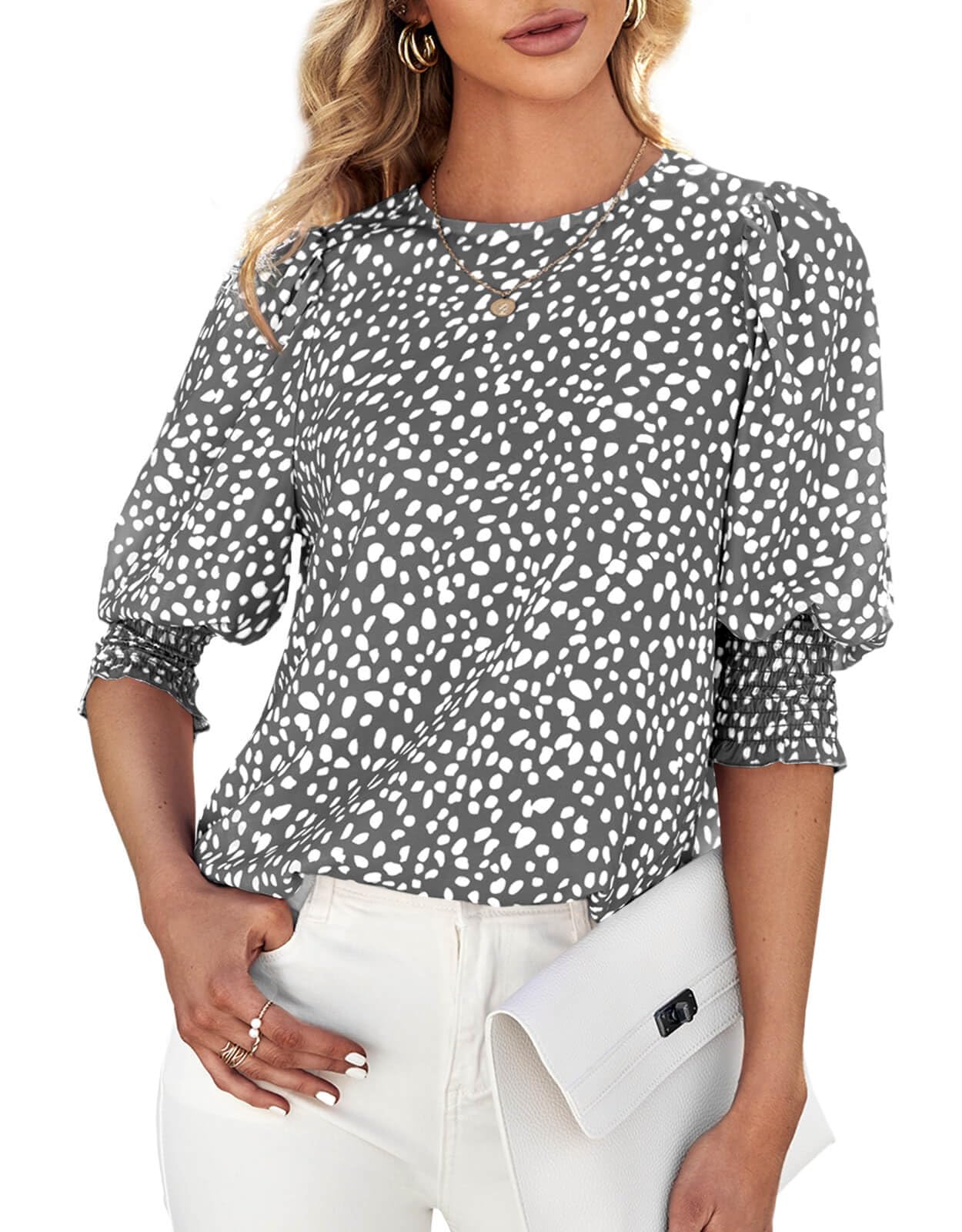 Teurkia Women's Polka Dot 3/4 Sleeve Blouse Tops Ladies Casual Office Work Crew Neck T-Shirt