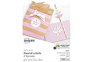 Avery Printable Round Labels with Sure Feed: 2" Diameter, Matte White, 300 Customizable Labels (22877)