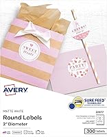 Avery 22877 2 Inch Round Labels, Matte White 300 Pack - Sure Feed Printable Stickers for Laser & Inkjet, Branding Packaging