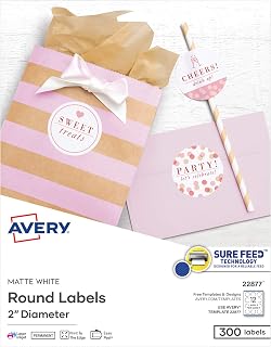 Avery 22877 2 Inch Round Labels, Matte White 300 Pack - Sure Feed Printable Stickers for Laser & Inkjet, Branding Packaging