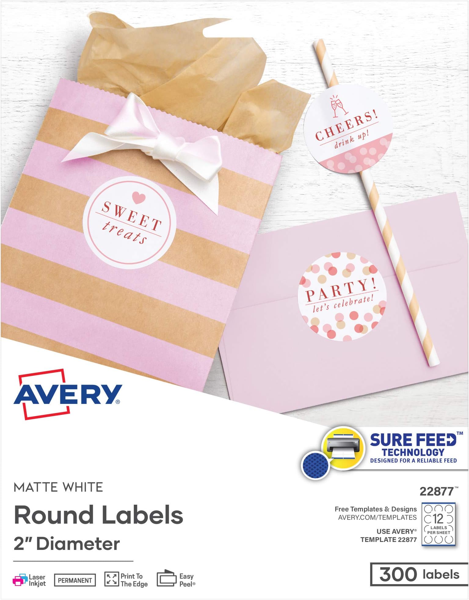 Avery Printable Round Labels with Sure Feed Technology, 2" Diameter, Matte White, Laser & Inkjet Compatible, 300 Blank Labels Total, Great for Branding, Packaging, Events, and More (22877)