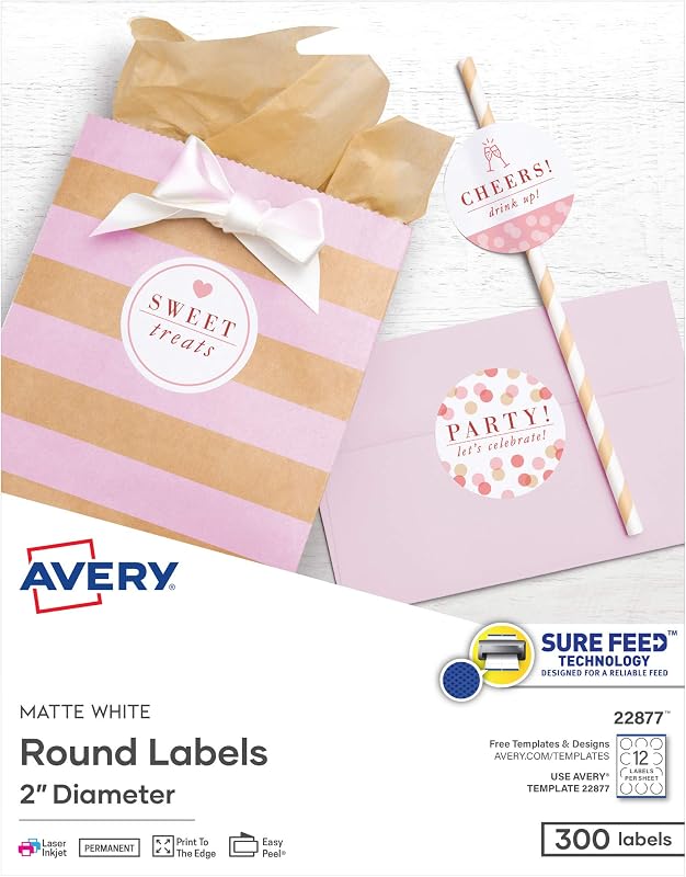 Printable Round Labels, Sure Feed® Technology, 2" Diameter, Matte White, Laser & Inkjet Compatible, 300 Blank Labels Total, Great for Branding, Packaging, Events, and More (22877)