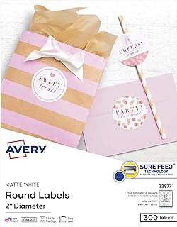 Printable Round Labels with Sure Feed Technology, 2" Diameter, Matte White, Laser & Inkjet Compatible, 300 Blank Labels Total, Great for Branding, Packaging, Events, and More (22877)
