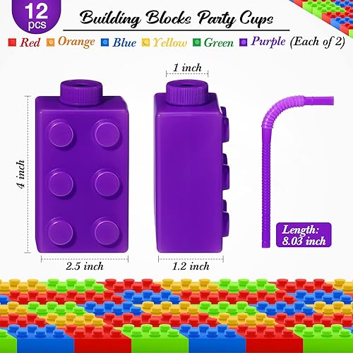 Miniatura 2 de Sawysine Juego de 12 vasos de bloques de construcción de 10 onzas, bloques reutilizables para fiestas, vasos de plástico de ladrillos de color con