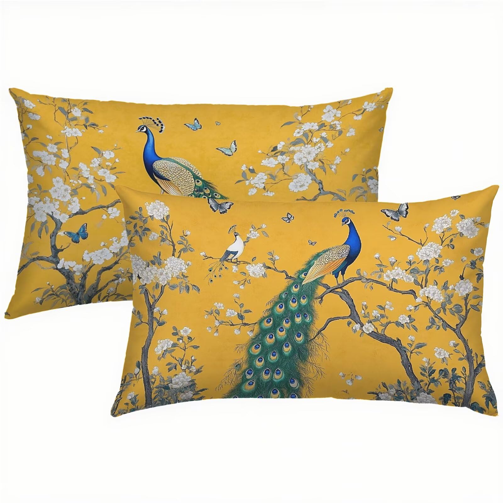 Paon Taie Oreiller 70x90 Housse Coussin Lin Jaune Lot de 2, Taies d'oreiller Luxueuse Rafraîchissante, Housse de Coussin Exterieur Impermeable, Coussin Decoratif pour Canapé, Salon, Coucher S6-726
