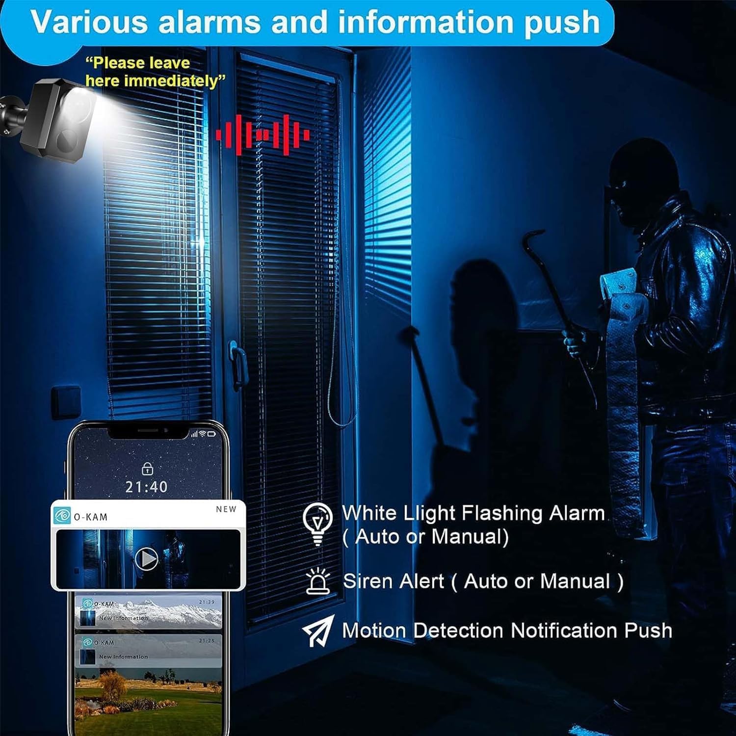 Various alarms and information push features, including white light flashing, siren alert, and motion detection notifications.