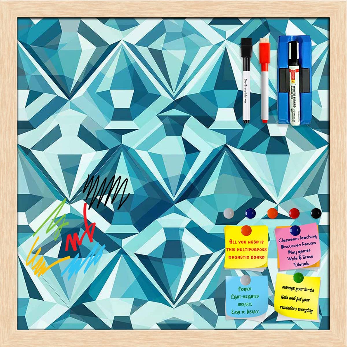 ArtzFolio Diamonds Framed Dry Erase White Board | Magnetic Board Combo with Magnet Buttons & Markers | Natural Brown Frame 12 x 12 inch (30 x 30 cms)