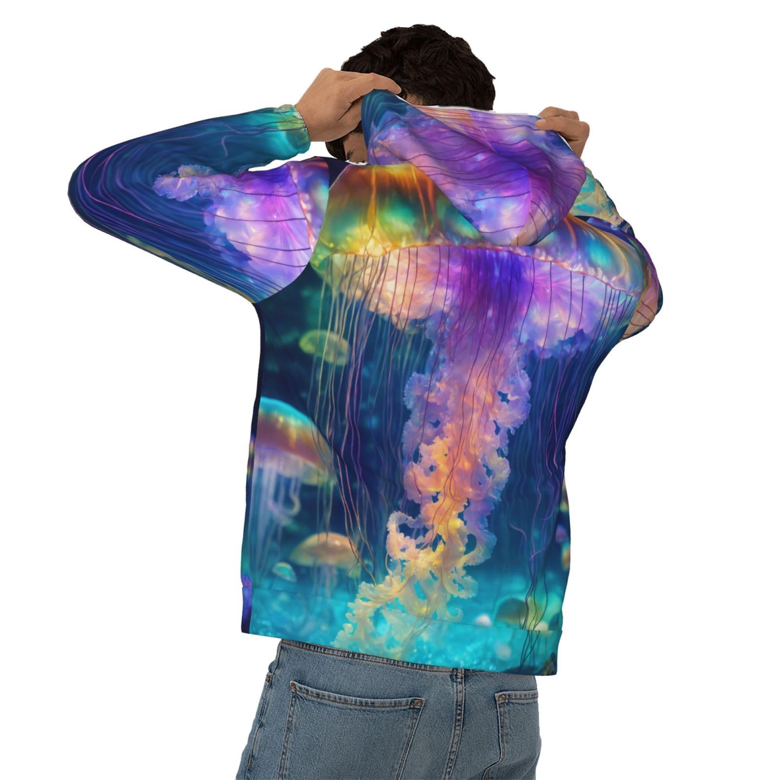 Męska bluza z kapturem z nadrukiem oceanu meduzy, casualowa grafika z nadrukiem bluzy z kapturem z kieszenią