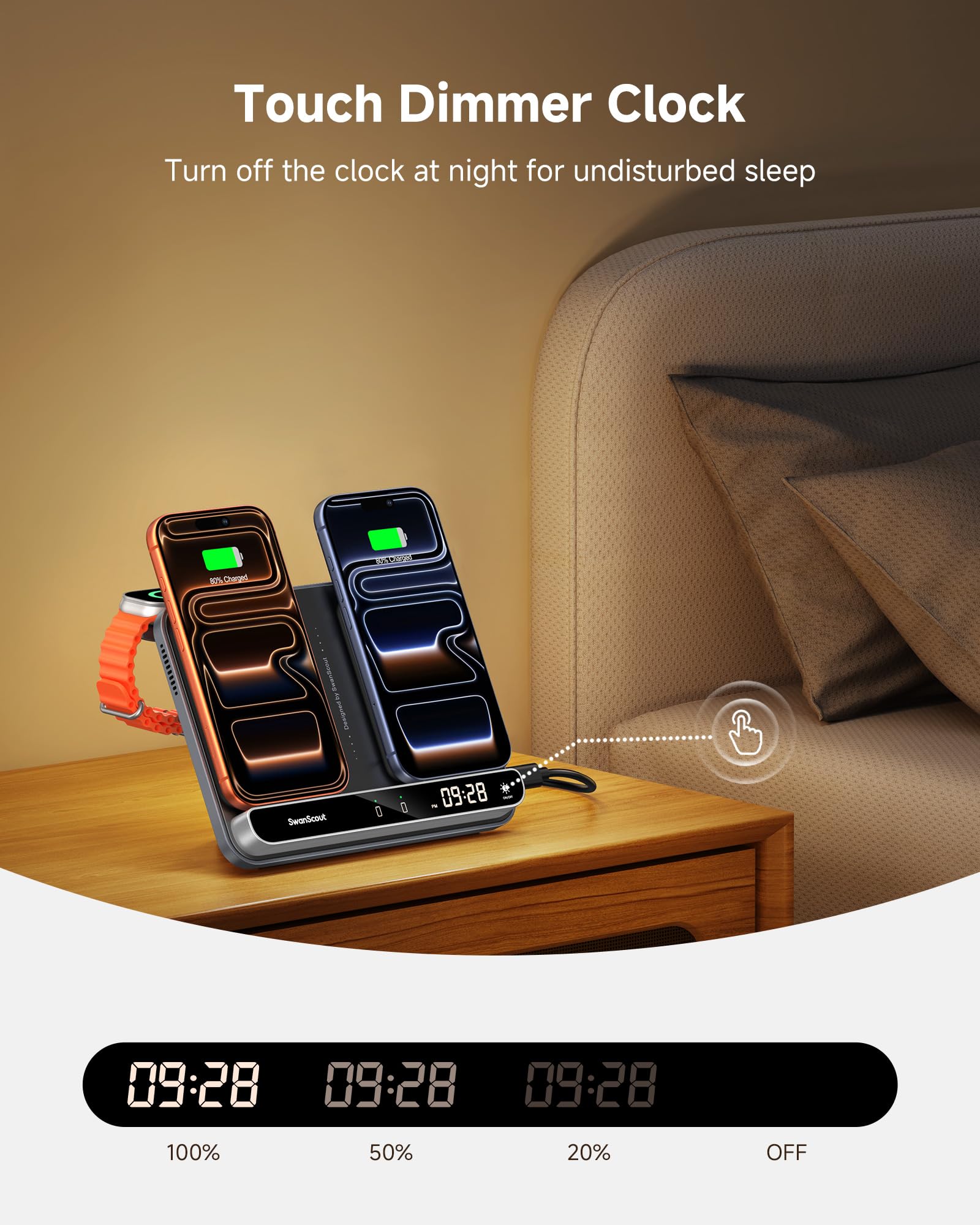 SwanScout Dual Ladestation für iPhone, Induktive Ladestation für 2 Handys | 30W Doppel Wireless Charger für iPhone 17/Air/16/15, für Apple Watch 11/10/Ultra 3/SE 3/AirPods, Ladegerät für 2 iPhone, 710A
