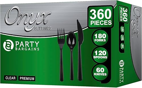 Party Bargains Juego de cubiertos desechables, diseño de ónix, 360 piezas 180 tenedores, 120 cucharas, 60 cuchillos