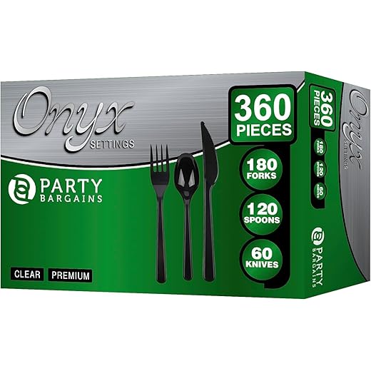 PARTY BARGAINS Onyx Settings Black Plastic Cutlery Set 360‑Piece – 180 Forks, 120 Spoons, 60 Knives – Heavy‑Duty Disposable Utensils for Parties, Weddings, Buffets, BBQs & Catering – BPA Free
