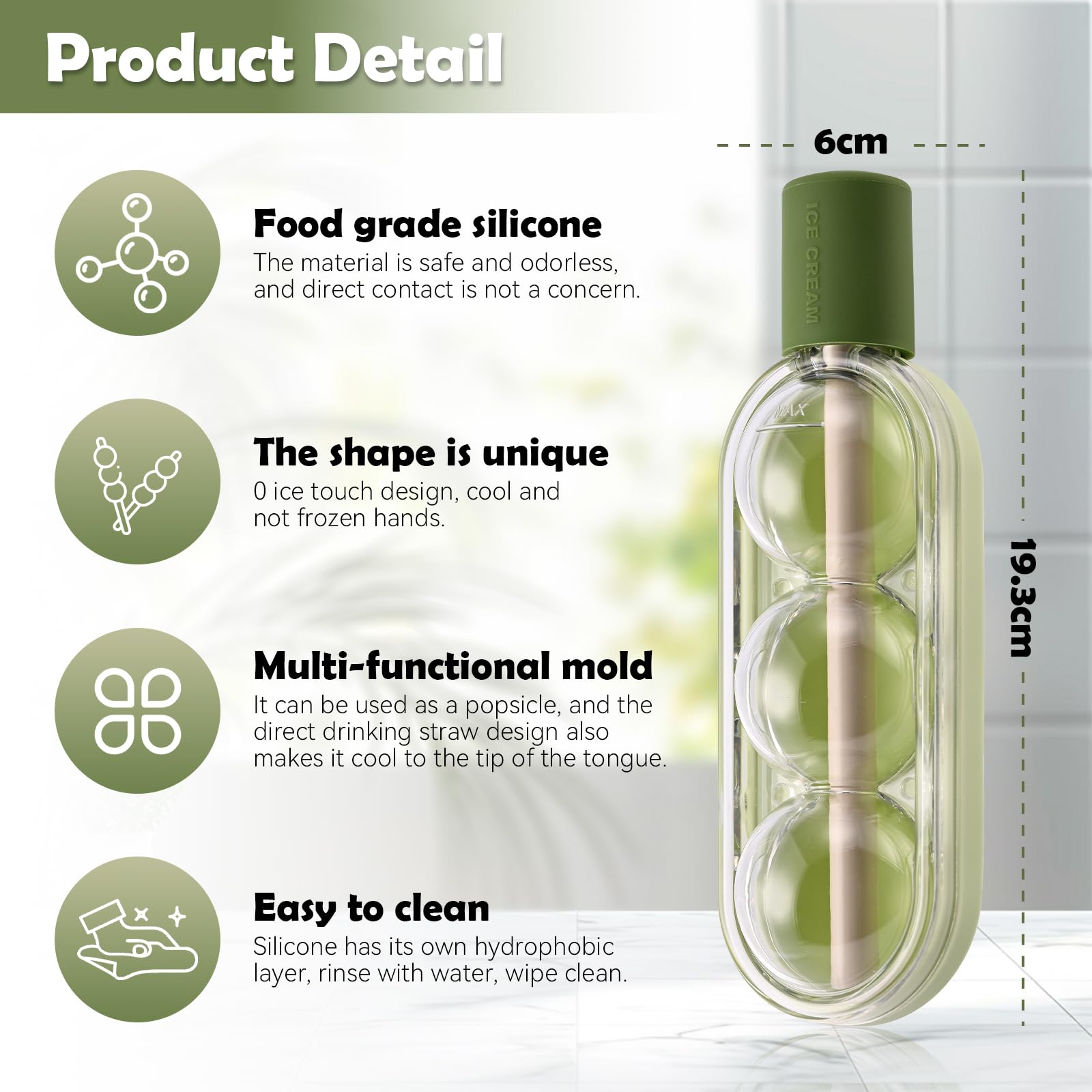 Ice pops mold, 3-ball silicone ice pop molds, reusable easy-release ice pop maker (green)