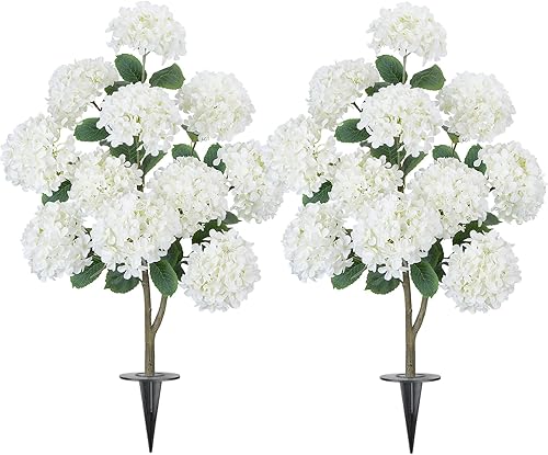 GTIDEA Paquete de 2 hortensias artificiales de 3.5 pies para exteriores, árbol falso con espigas, arbustos de hortensias sintéticas, árbol de flores