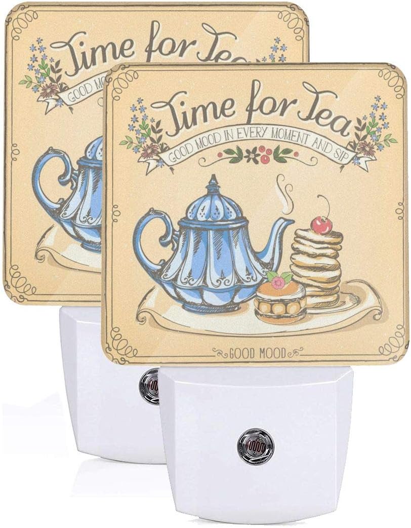 2Pc Time for Tea Teapot Pancakess Led Nights Light with Auto Dusk to