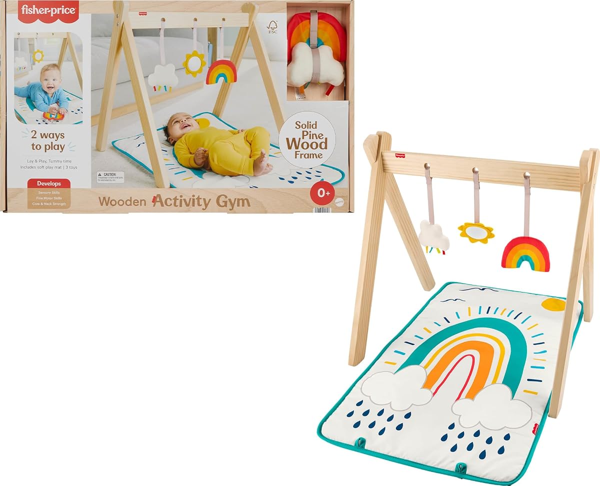 Wooden Activity Gym, Wood Frame With 3 Sensory Toys & Mat For Newborn Babies