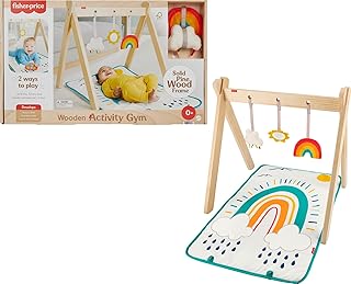 Wooden Activity Gym, Wood Frame With 3 Sensory Toys & Mat For Newborn Babies
