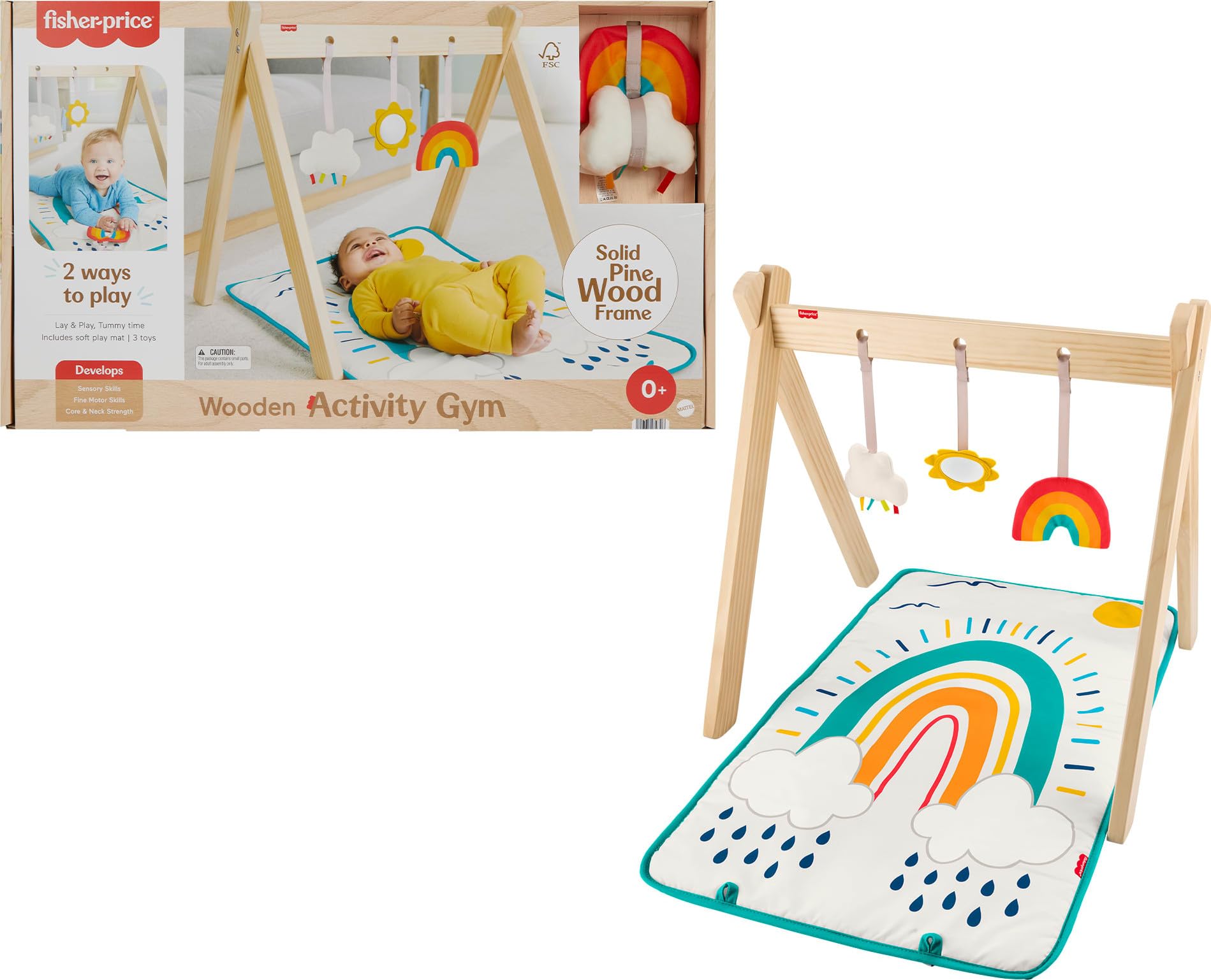 Fisher-Price Tappetino da Gioco in Legno Activity Gym con Telaio in Legno, 3 attività sensoriali per Gioco di Sviluppo Neonato a Partire da 0 Mesi