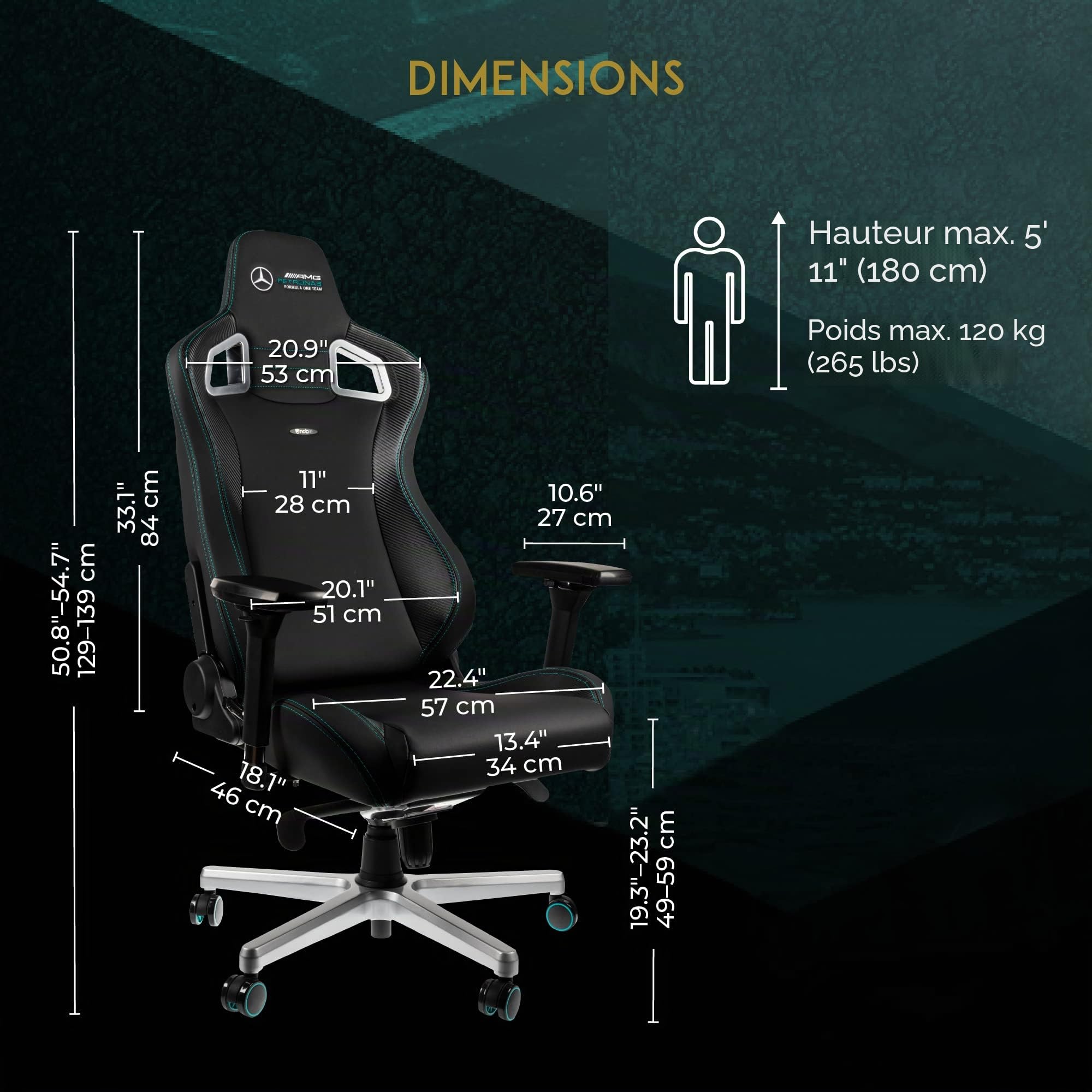 noblechairs Epic Gaming Chair, Chaise de Bureau, Fauteuil de Bureau, Hybrid PU Leather, Siege Ergonomique - Mercedes-AMG Petronas, Chaise de Bureau Ergonomique, Formula One Team 2021 Edition
