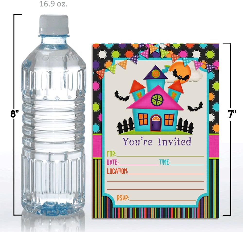 Colorful Haunted House Halloween Party Invitations, 20 5x7 Fill In Cards with Twenty White Envelopes by AmandaCreation
