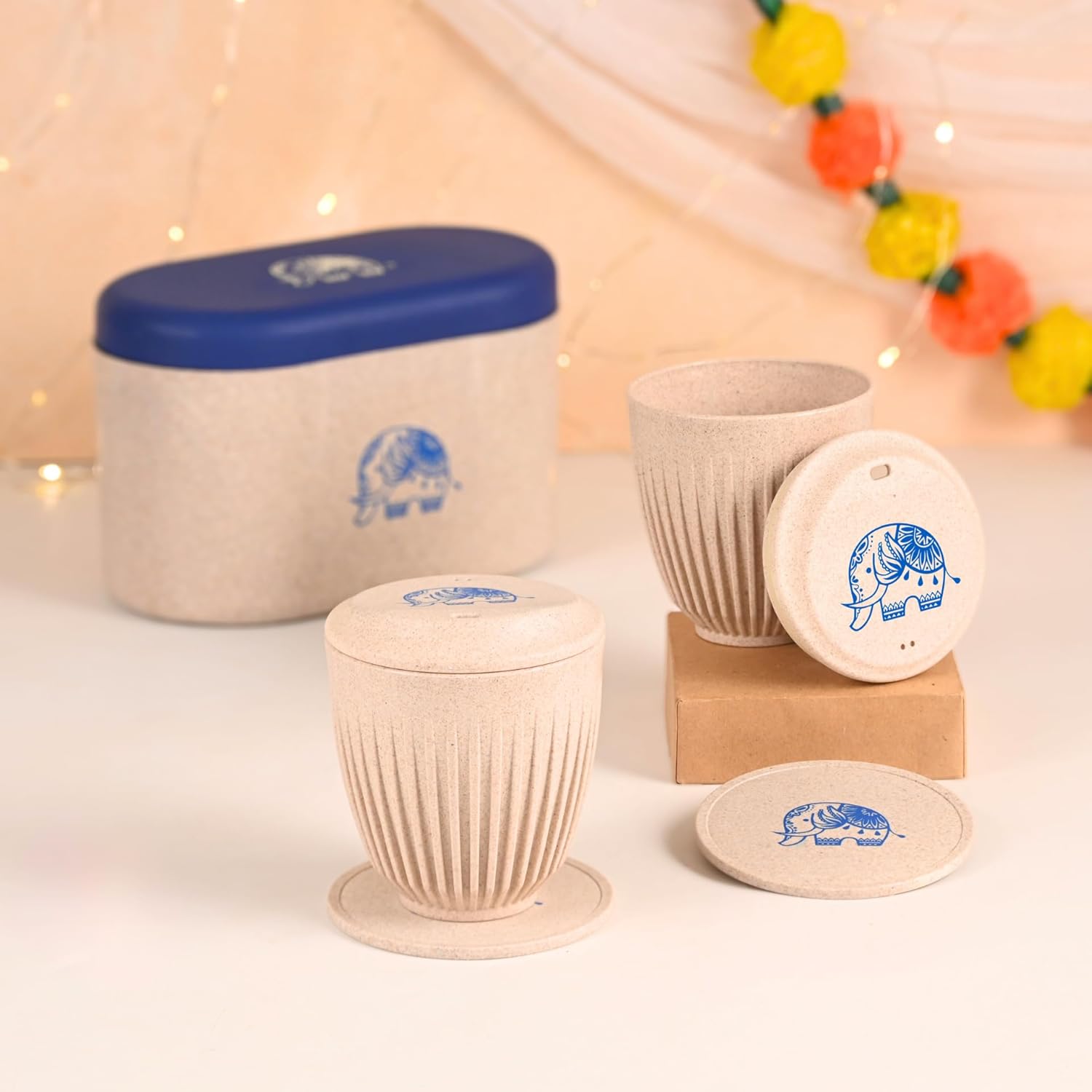 Eha Earth-Friendly New Year Gift for Friends and Family |Gifts Made with Rice Husk Biocomposite | Elephant Printed Mug and Coasters Set of 2, Fairy Lights, Keychain, Loopac Box | 250 ml | Sand Castle
