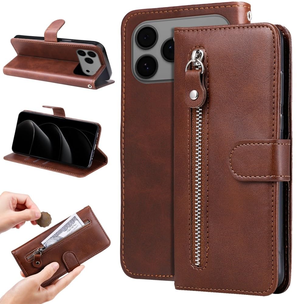 Generic Custodia Compatibile con iPhone 15 Pro Max (Marrone) Porta Zip Pelle Portafoglio Flip Cover Posteriore
