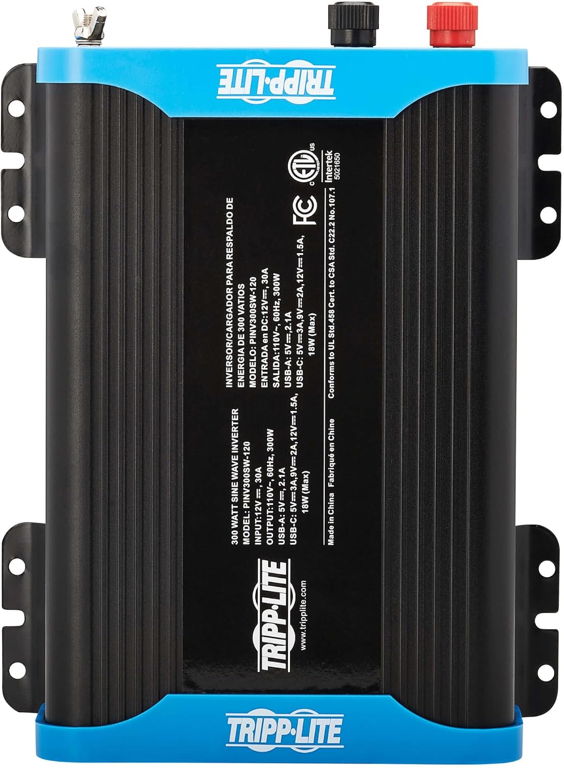 Tripp Lite 300W Compact Pure Sine Wave Power Inverter, 2 Outlets, 1 USB + 1 USB-C Charging Ports, Mounting Brackets Included, 2-Year Warranty (PINV300SW-120)