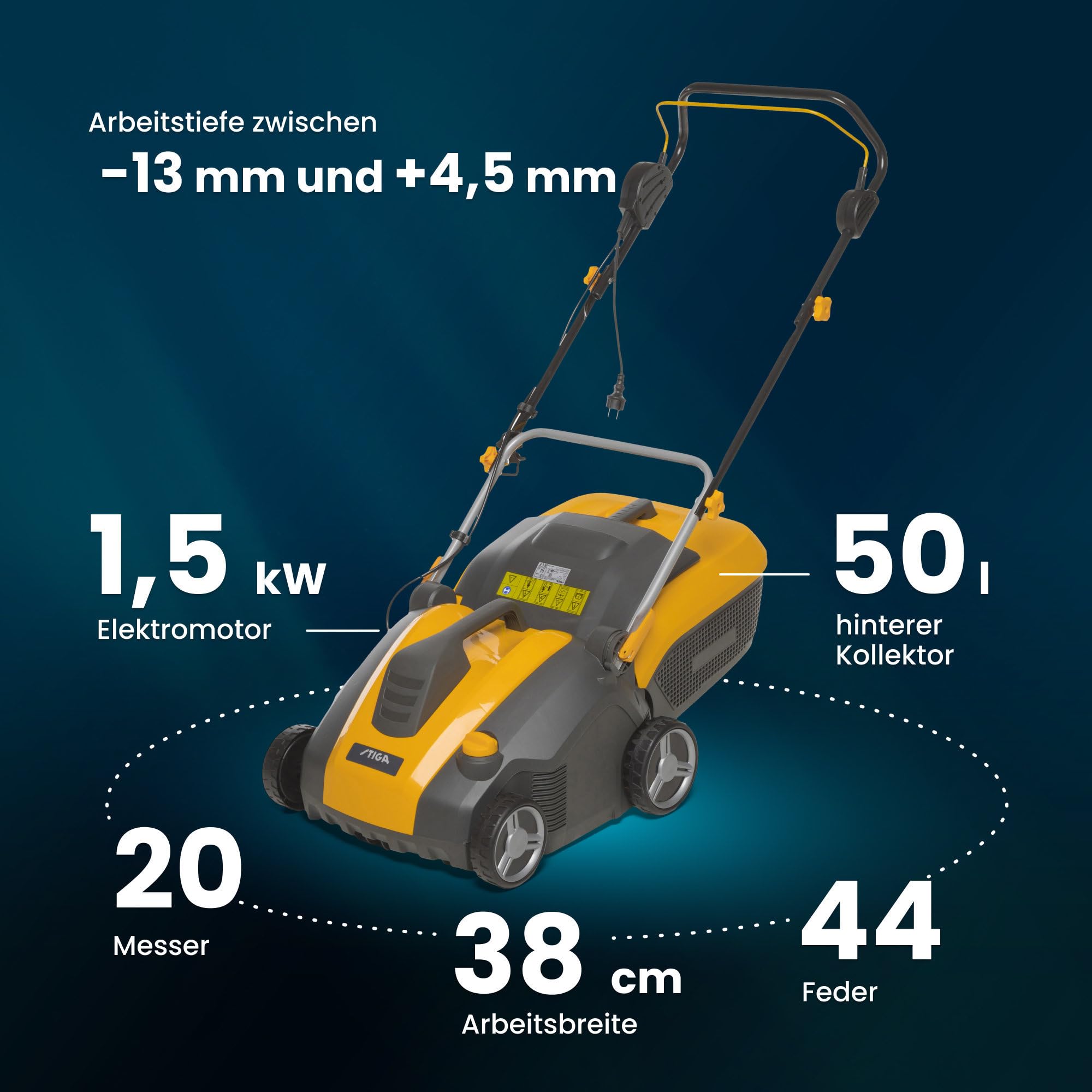 STIGA SV 415 E Elektrischer Vertikutierer, 1500 W, 38 cm – 20 Messer/44 Federzinken, 50 L Fangkorb – Für Rasenflächen, Gelb