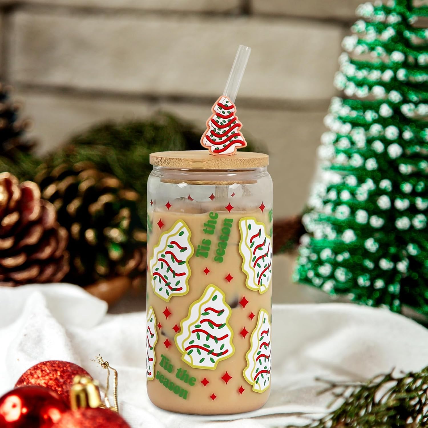 Christmas Gift Glass Cup, Christmas Iced Coffee Tumbler with Festive Holiday Tree Cakes Design, 18oz Reusable Beer Can Drinking Glass for Holiday Tea & Winter Beverages - Image 2