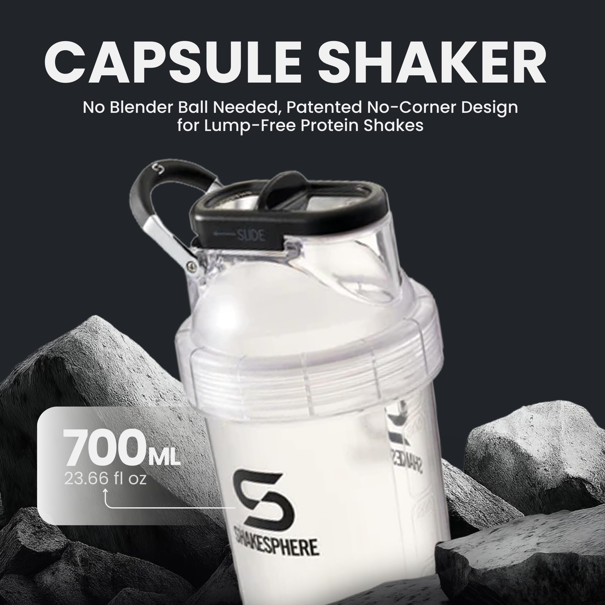 SHAKESPHERE Gobelet shaker de protéines en Tritan et tasse à smoothie, 710 ml, mélangeur sans pale, purées de fruits crus sans boule mélangeuse, mélangeur à poudre pour salle de sport pré-entraînement