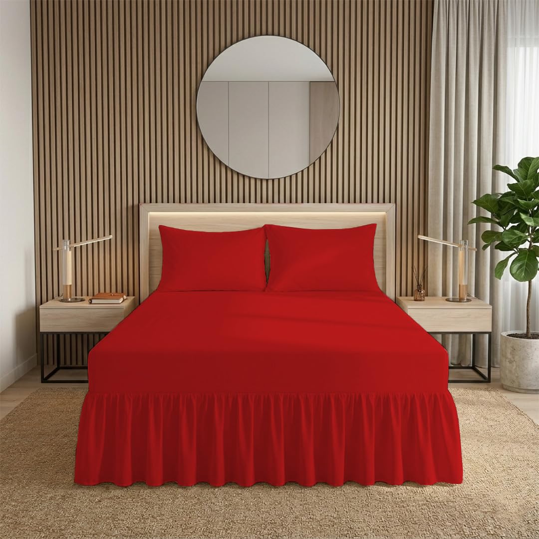 Ziya Homes Fitted Valance Sheets - Polycotton Frilled Bed Skirt, Anti Allergic, Extra Deep, Easy Care (Red, Double)