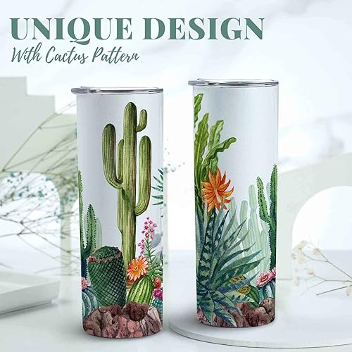 Miniatura 3 de Onebttl Regalos divertidos de cactus, amantes de los cactus, con estampado de cactus, vasos de acero inoxidable de 20 onzas con tapas y popotes,