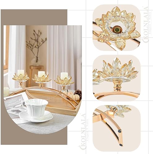 Miniatura 5 de Candelabro de cristal con 3 brazos, candelabro decorativo de flor de loto de cristal, decoración de mesa para vela de pilar de 1.5 pulgadas (dorado)